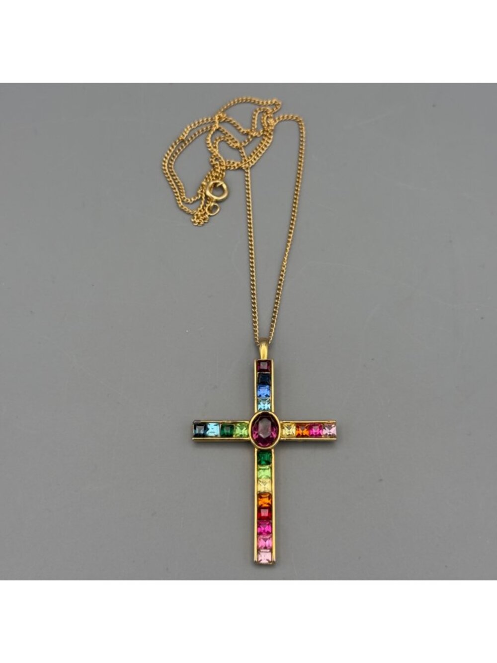 Vintage P S Co 1998 Gold Tone Multicolor Crystal Cross Pendant Necklace Rainbow - Picture 15 of 15